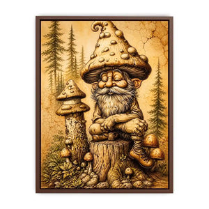 Vintage mushroom gnome illustration wall art in sepia tones with whimsical forest character and rustic cozy aesthetic