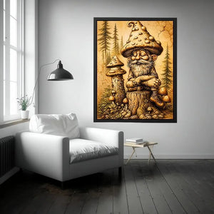 Vintage mushroom gnome illustration wall art in sepia tones with whimsical forest character and rustic cozy aesthetic