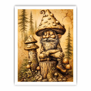 Vintage mushroom gnome illustration wall art in sepia tones with whimsical forest character and rustic cozy aesthetic