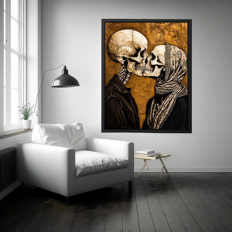 Gothic skeleton couple kissing romantic skull wall art vintage style canvas