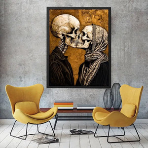 Gothic skeleton couple kissing romantic skull wall art vintage style canvas