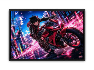 Anime biker riding red motorcycle cyberpunk style dynamic action wall art
