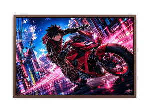 Anime biker riding red motorcycle cyberpunk style dynamic action wall art