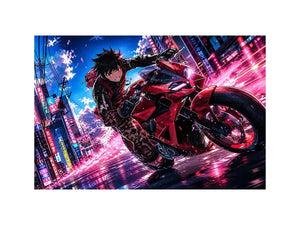 Anime biker riding red motorcycle cyberpunk style dynamic action wall art