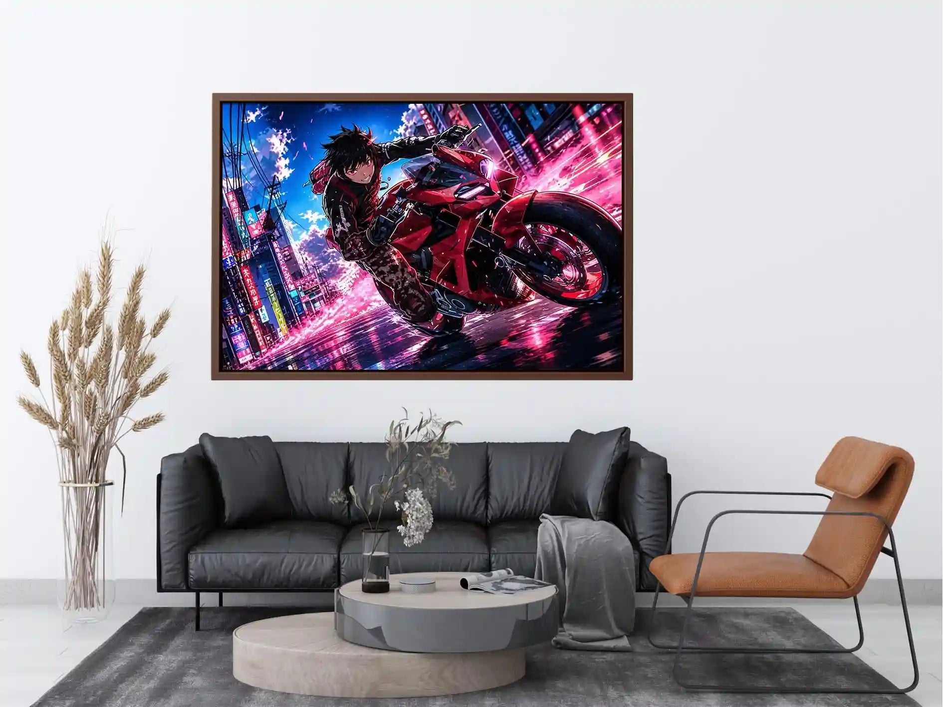 Anime biker riding red motorcycle cyberpunk style dynamic action wall art