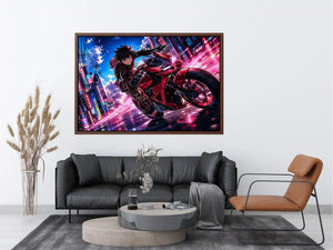 Anime biker riding red motorcycle cyberpunk style dynamic action wall art