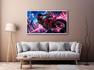 Anime biker riding red motorcycle cyberpunk style dynamic action wall art