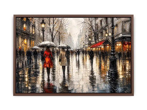 Abstract rainy city street painting with umbrellas modern wall art canvas