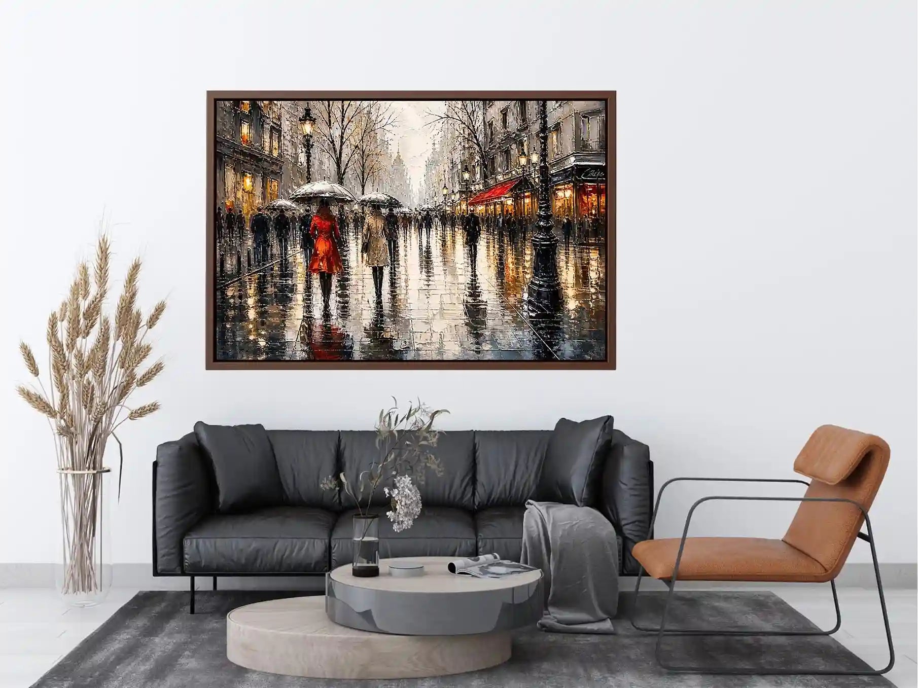 Abstract rainy city street painting with umbrellas modern wall art canvas
