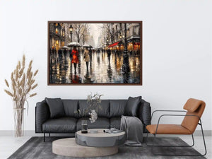 Abstract rainy city street painting with umbrellas modern wall art canvas