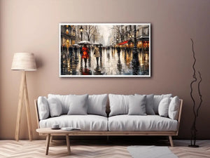 Abstract rainy city street painting with umbrellas modern wall art canvas