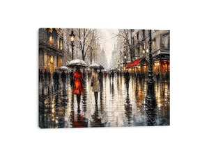 Abstract rainy city street painting with umbrellas modern wall art canvas