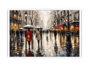Abstract rainy city street painting with umbrellas modern wall art canvas