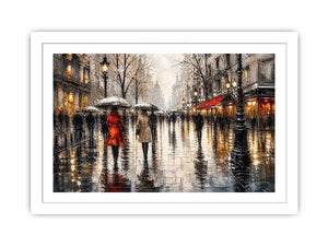Abstract rainy city street painting with umbrellas modern wall art canvas