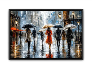 Abstract rainy city painting with elegant figures and umbrellas in neutral tones with red accents modern wall art