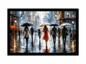 Abstract rainy city painting with elegant figures and umbrellas in neutral tones with red accents modern wall art