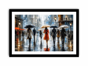 Abstract rainy city painting with elegant figures and umbrellas in neutral tones with red accents modern wall art