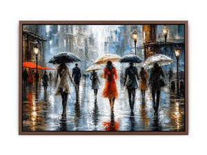 Abstract rainy city painting with elegant figures and umbrellas in neutral tones with red accents modern wall art