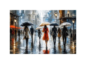 Abstract rainy city painting with elegant figures and umbrellas in neutral tones with red accents modern wall art