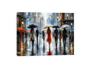 Abstract rainy city painting with elegant figures and umbrellas in neutral tones with red accents modern wall art
