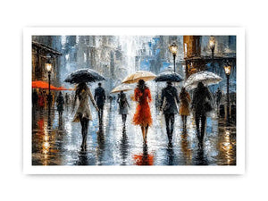 Abstract rainy city painting with elegant figures and umbrellas in neutral tones with red accents modern wall art