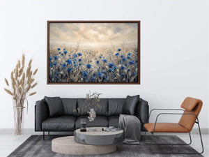 Abstract blue floral field painting soft neutral modern botanical wall art