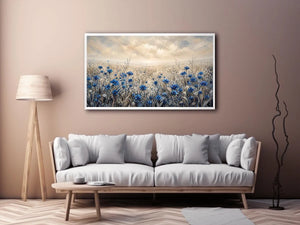 Abstract blue floral field painting soft neutral modern botanical wall art