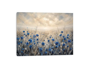 Abstract blue floral field painting soft neutral modern botanical wall art