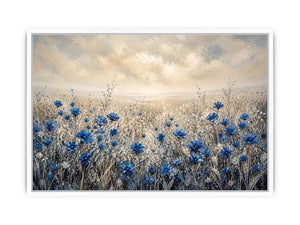 Abstract blue floral field painting soft neutral modern botanical wall art