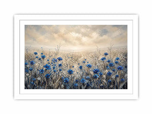 Abstract blue floral field painting soft neutral modern botanical wall art