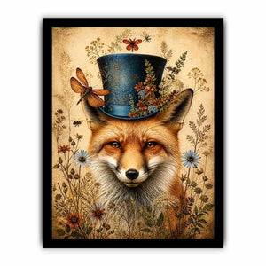 Vintage fox with top hat botanical illustration whimsical animal wall art