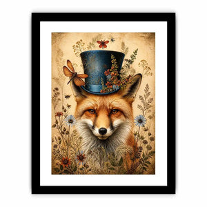 Vintage fox with top hat botanical illustration whimsical animal wall art
