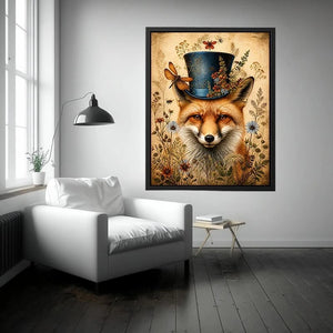 Vintage fox with top hat botanical illustration whimsical animal wall art