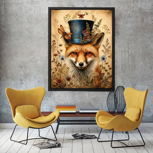 Vintage fox with top hat botanical illustration whimsical animal wall art