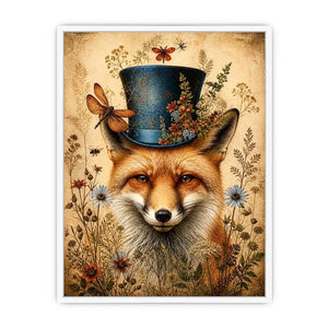 Vintage fox with top hat botanical illustration whimsical animal wall art