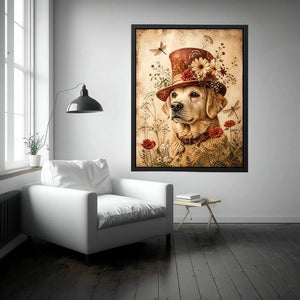 Vintage dog with floral hat botanical illustration whimsical animal wall art