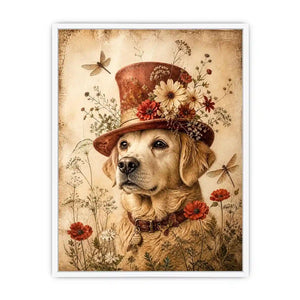 Vintage dog with floral hat botanical illustration whimsical animal wall art
