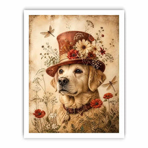 Vintage dog with floral hat botanical illustration whimsical animal wall art