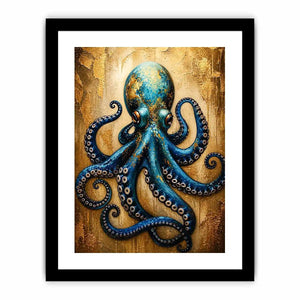 Luxury blue octopus with gold texture modern ocean wall art canvas