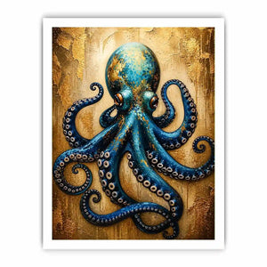 Luxury blue octopus with gold texture modern ocean wall art canvas
