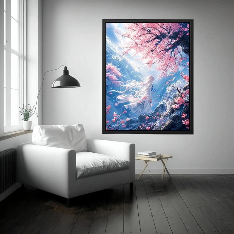 Ethereal anime girl under cherry blossoms dreamy sakura wall art canvas