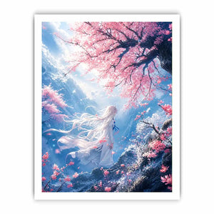 Ethereal anime girl under cherry blossoms dreamy sakura wall art canvas