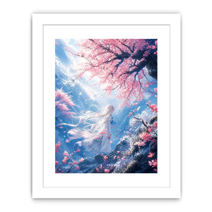 Ethereal anime girl under cherry blossoms dreamy sakura wall art canvas