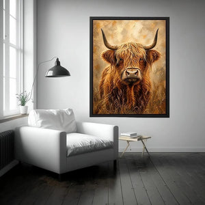 highland cow portrait warm neutral rustic farmhouse wall art textured canvas