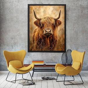 highland cow portrait warm neutral rustic farmhouse wall art textured canvas