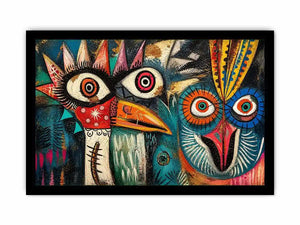 abstract tribal bird colorful modern wall art bold eyes textured canvas