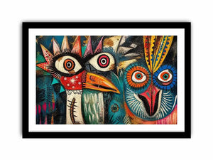 abstract tribal bird colorful modern wall art bold eyes textured canvas