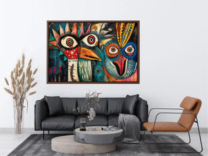 abstract tribal bird colorful modern wall art bold eyes textured canvas