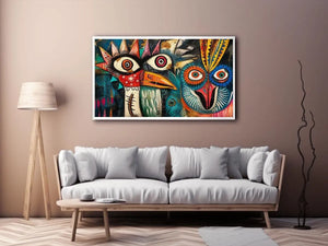 abstract tribal bird colorful modern wall art bold eyes textured canvas