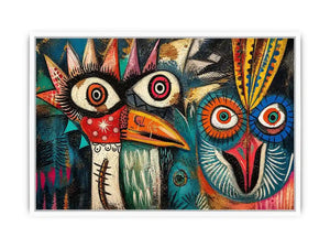 abstract tribal bird colorful modern wall art bold eyes textured canvas
